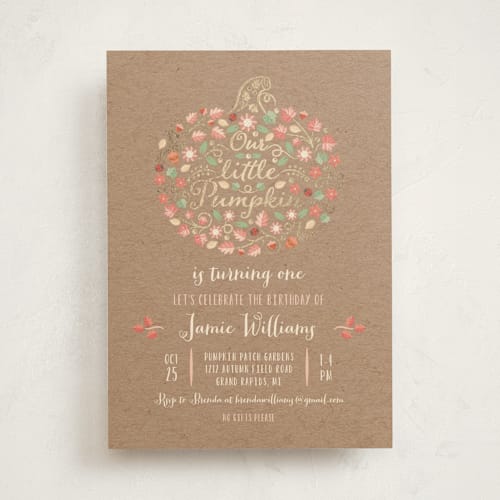 This is a kraft kids birthday invitations with foil pressed by Paper Sun Studio called little pumpkin printing on signature in standard