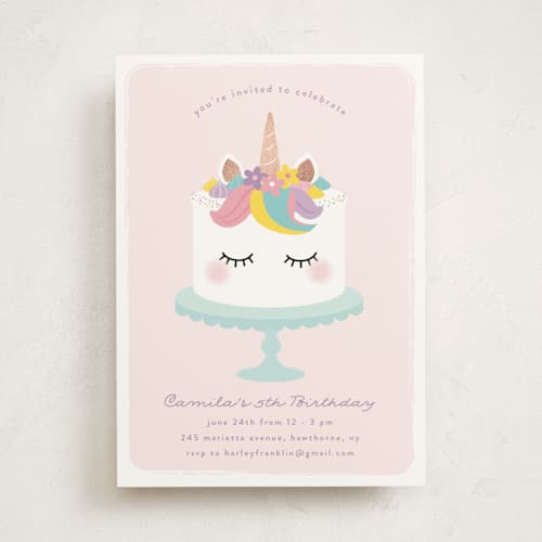 This is a strawberry kids birthday invitations with foil pressed by Annie Holmquist called sweet unicorn printing on signature in standard