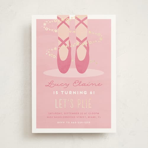 This is a bubblegum kids birthday invitations with foil pressed by Jen Banks called let's plie printing on signature in standard