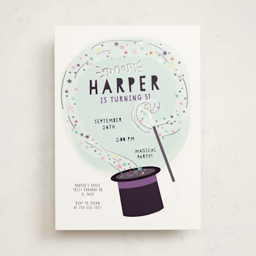 This is a plum kids birthday invitations with foil pressed by Itsy Belle Studio called poof! printing on signature in standard