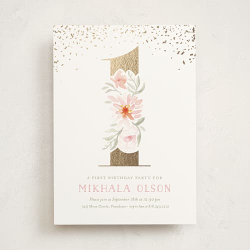 This is a burnt rose kids birthday invitations with foil pressed by Rochelle Renee called floral glimmer printing on signature in standard