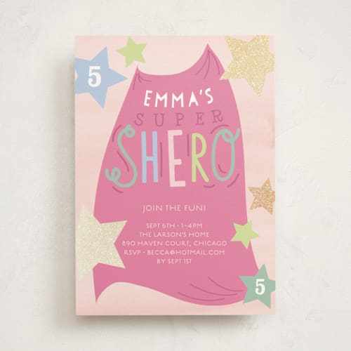 This is a carnation kids birthday invitations with foil pressed by Baumbirdy called shero party printing on signature in standard