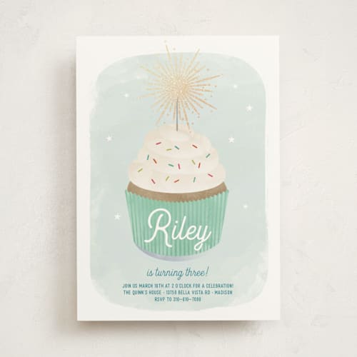 This is a spearmint kids birthday invitations with foil pressed by Lorent and Leif called sparkler printing on signature in standard