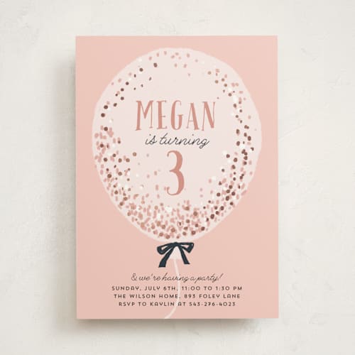 This is a dusty rose kids birthday invitations with foil pressed by Cass Loh called confetti balloon printing on signature in standard