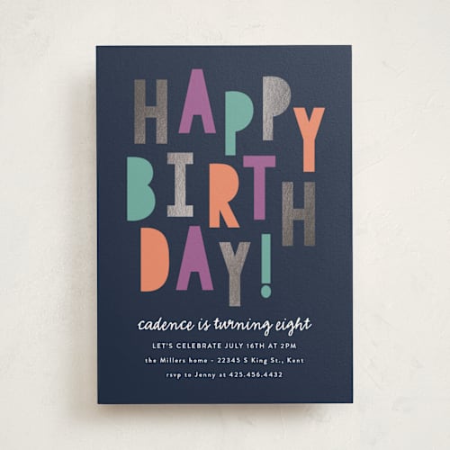 This is a cobalt kids birthday invitations with foil pressed by Angela Garrick called happybirthday printing on signature in standard