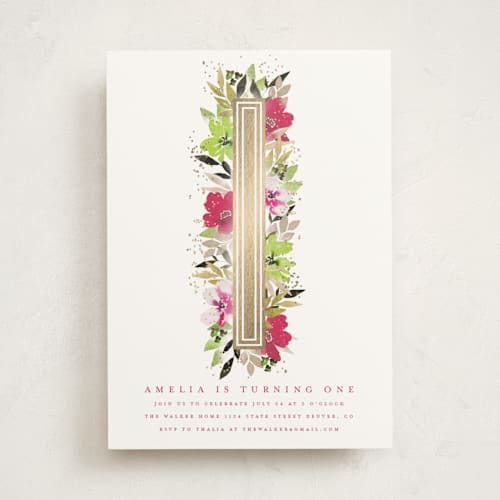 This is a petal kids birthday invitations with foil pressed by Grace Kreinbrink called blooming one printing on signature in standard