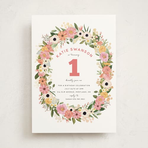 This is a papaya kids birthday invitations with foil pressed by Susan Moyal called flower crown party printing on signature in standard