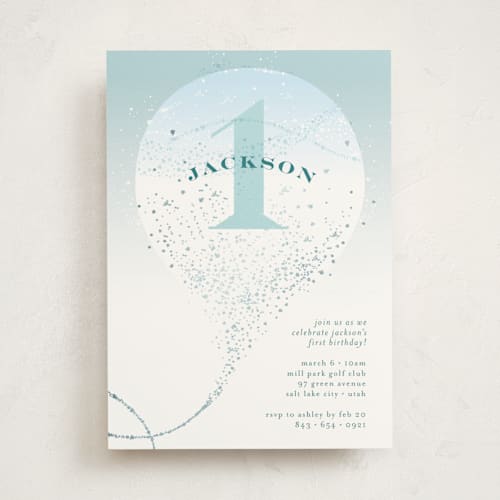 This is a teal kids birthday invitations with foil pressed by Phrosné Barwood called whimsical balloon printing on signature in standard
