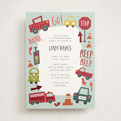 This is a aqua kids birthday invitations with foil pressed by Amy Payne called shiny cars printing on signature in standard