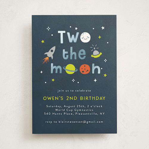 This is a midnight kids birthday invitations with foil pressed by Annie Holmquist called two the moon printing on signature in standard