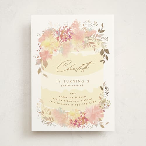 This is a spring kids birthday invitations with foil pressed by Phrosné Barwood called spring birthday cake printing on signature in standard