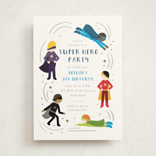 This is a cloud kids birthday invitations with foil pressed by JeAnna Casper called superhero party printing on signature in standard