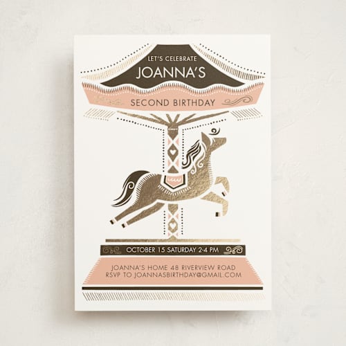 This is a creamsicle kids birthday invitations with foil pressed by Vivian Yiwing called carousel printing on signature in standard