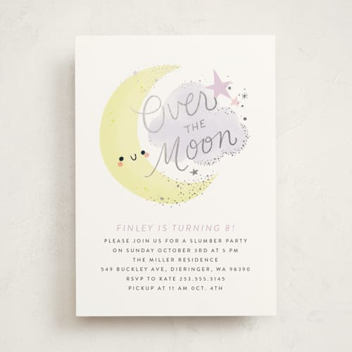 This is a lavender kids birthday invitations with foil pressed by Itsy Belle Studio called over the moon printing on signature in standard