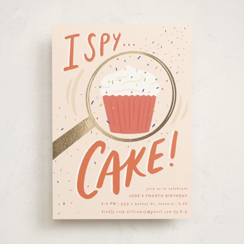 This is a cream kids birthday invitations with foil pressed by Shiny Penny Studio called i spy cake! printing on signature in standard