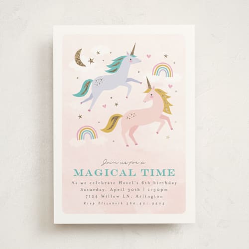 This is a cotton candy kids birthday invitations with foil pressed by Karidy Walker called magical unicorns printing on signature in standard