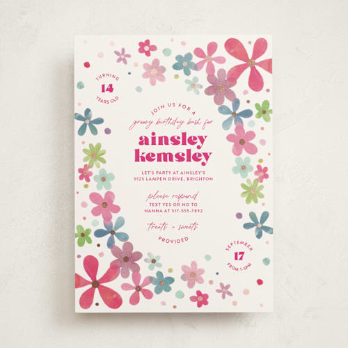 This is a magic magenta kids birthday invitations with foil pressed by Ashley DeMeyere called groovy bash printing on signature in standard