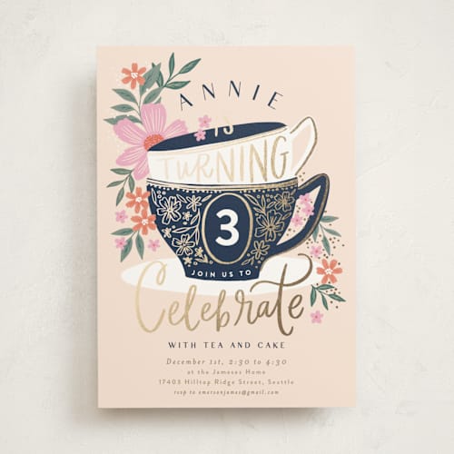 This is a vanilla kids birthday invitations with foil pressed by Alethea and Ruth called tea party cups printing on signature in standard