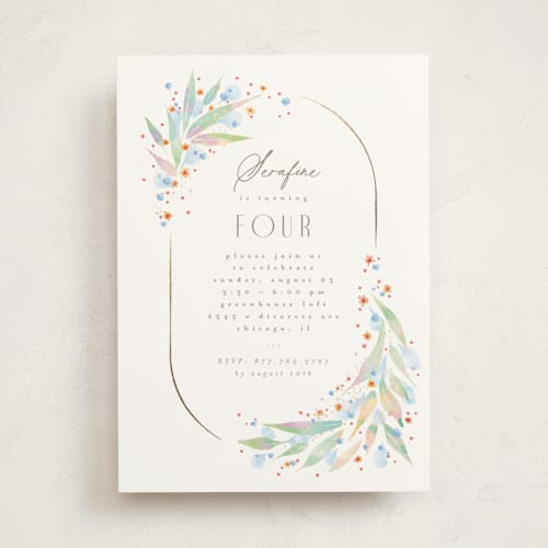 This is a mint kids birthday invitations with foil pressed by Anastasia Makarova called fairy frame printing on signature in standard