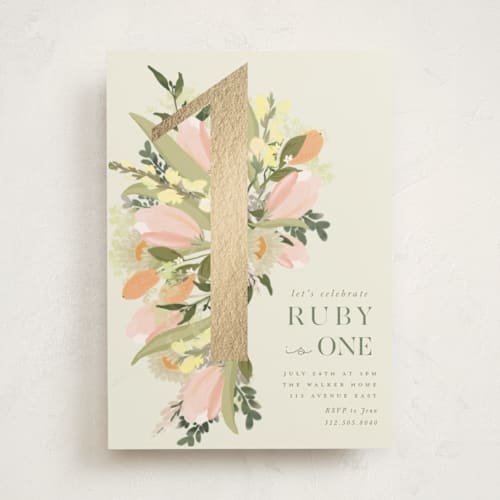 This is a sherbert kids birthday invitations with foil pressed by Grace Kreinbrink called shimmering floral one printing on signature in standard