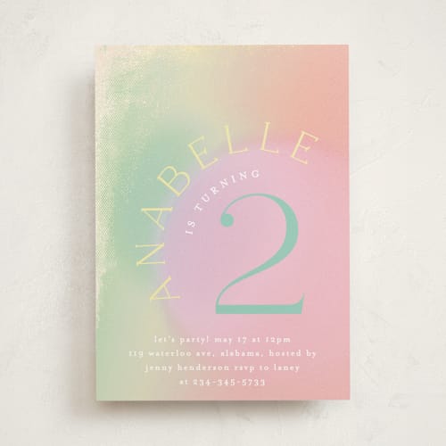 This is a cotton candy kids birthday invitations with foil pressed by Phrosné Barwood called unicorns printing on signature in standard