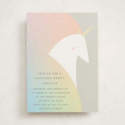 This is a blush kids birthday invitations with foil pressed by Lori Wemple called unicorn printing on signature in standard