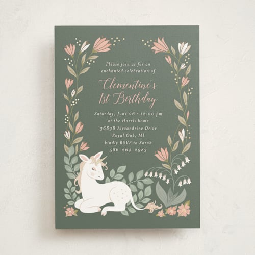 This is a grove kids birthday invitations with foil pressed by Jamie Alexander called enchanted printing on signature in standard