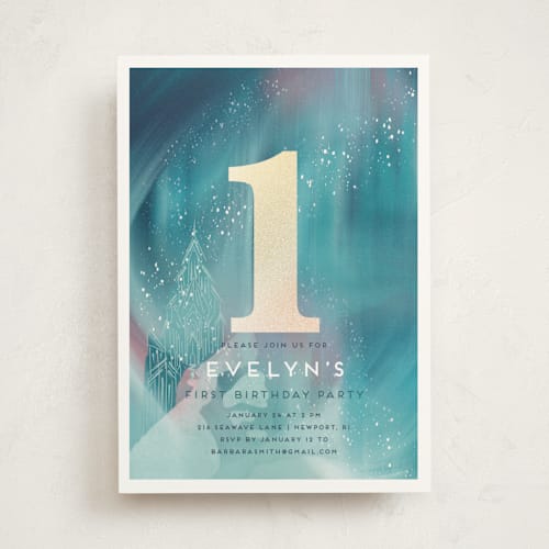This is a alexandrite kids birthday invitations with foil pressed by Tamara Hilje called magical winter printing on signature in standard