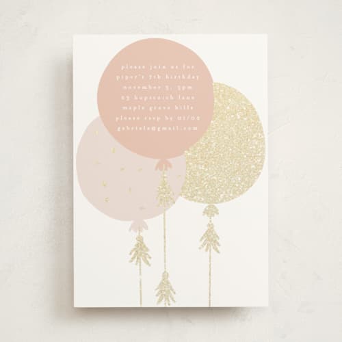 This is a blush kids birthday invitations with foil pressed by Angela Thompson called glitter balloons printing on signature in standard