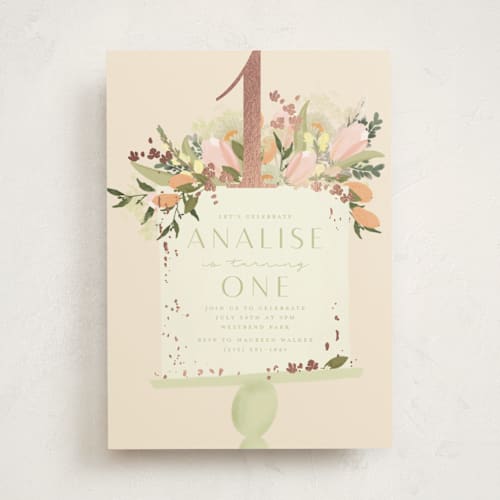 This is a peaches kids birthday invitations with foil pressed by Grace Kreinbrink called tulip topper printing on signature in standard