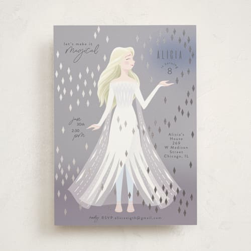 This is a moonstone kids birthday invitations with foil pressed by Dani Lugato called disney's elsa it’s magical printing on signature in standard