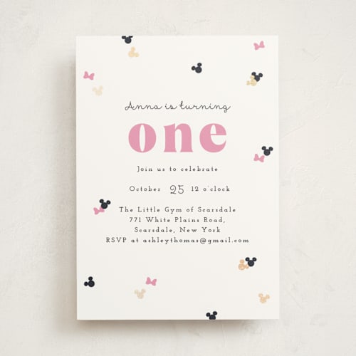 This is a peony kids birthday invitations with foil pressed by Annie Holmquist called disney's minnie mouse confetti printing on signature in standard