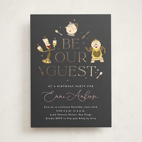 This is a midnight kids birthday invitations with foil pressed by Erica Krystek called disney's beauty and the beast be our guest printing on signature in standard