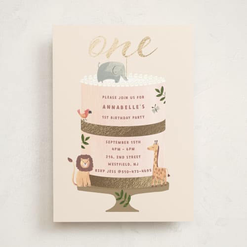 This is a cream kids birthday invitations with foil pressed by Teju Reval called safari cake printing on signature in standard