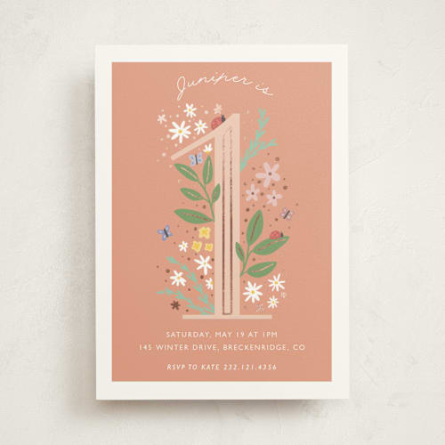 This is a peach kids birthday invitations with foil pressed by Hudson meet Rose called garden printing on signature in standard