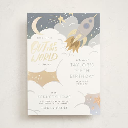 This is a lunar kids birthday invitations with foil pressed by Leah Bisch called out of this world printing on signature in standard