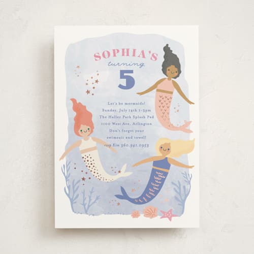 This is a lake kids birthday invitations with foil pressed by Karidy Walker called lets be mermaid printing on signature in standard