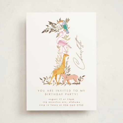 This is a caramel kids birthday invitations with foil pressed by Phrosné Barwood called one safari printing on signature in standard