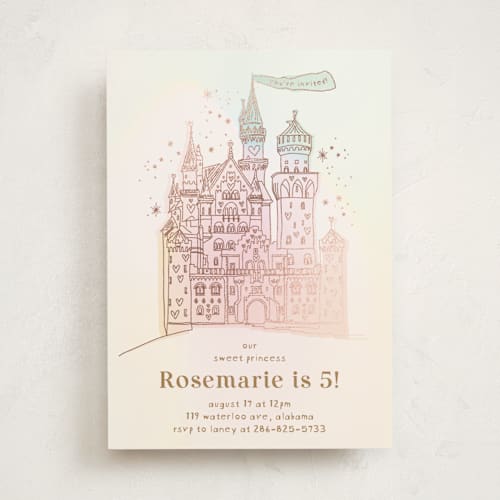 This is a carnation kids birthday invitations with foil pressed by Phrosné Barwood called princess fairytale castle printing on signature in standard