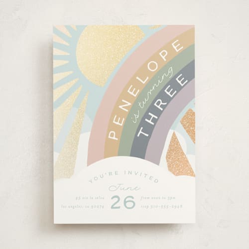 This is a sherbet kids birthday invitations with foil pressed by Leah Bisch called over the rainbow printing on signature in standard