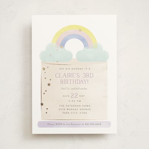 This is a marshmallow kids birthday invitations with foil pressed by Robert and Stella called in the clouds printing on signature in standard