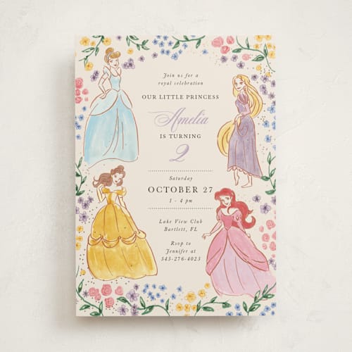 This is a buttercream kids birthday invitations with foil pressed by Cass Loh called disney princess garden party printing on signature in standard