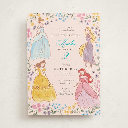 This is a coral kids birthday invitations with foil pressed by Cass Loh called disney princess garden party printing on signature in standard