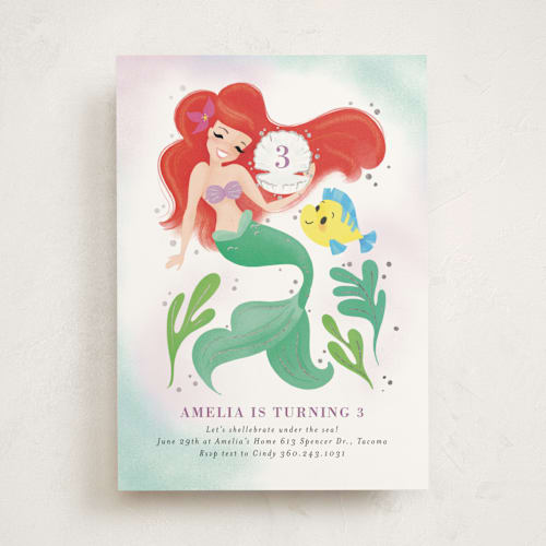 This is a lilac kids birthday invitations with foil pressed by Itsy Belle Studio called disney's little mermaid shellebrate! printing on signature in standard