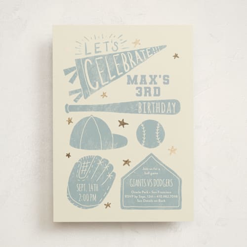 This is a sky kids birthday invitations with foil pressed by Rebekah Canavan called baseball birthday printing on signature in standard