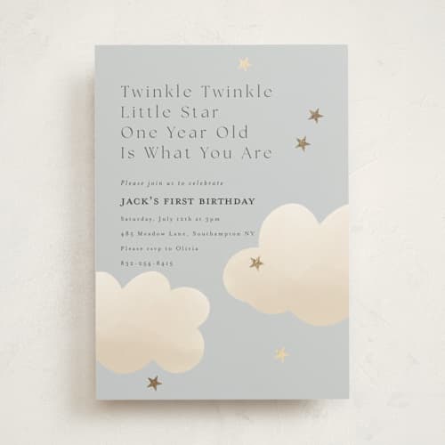 This is a sky kids birthday invitations with foil pressed by Joyce Pinheiro called twinkle twinkle printing on signature in standard
