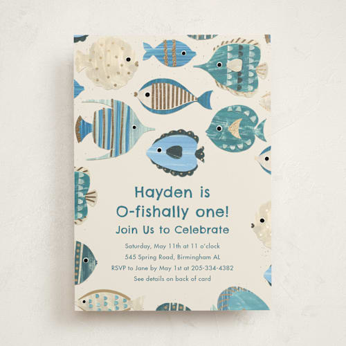 This is a sand kids birthday invitations with foil pressed by Sarah Knight called birthday fish printing on signature in standard