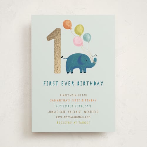 This is a mint kids birthday invitations with foil pressed by Teju Reval called first ever birthday printing on signature in standard