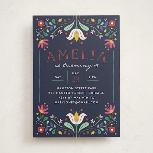 This is a navy kids birthday invitations with standard by Amber Barkley called folk florals printing on signature in standard