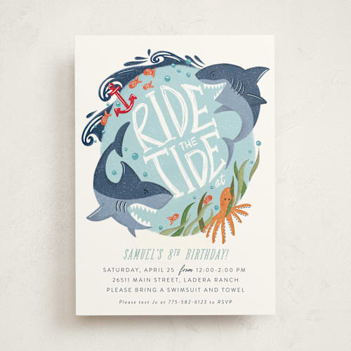 This is a pool kids birthday invitations with standard by Joanna Griffin called ride the tide printing on signature in standard